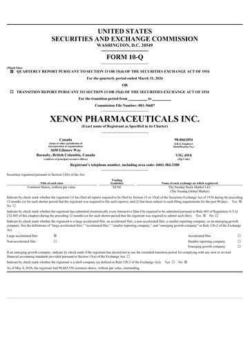 Thumbnail Xenon Pharmaceuticals Quarterly Report 2026-q1