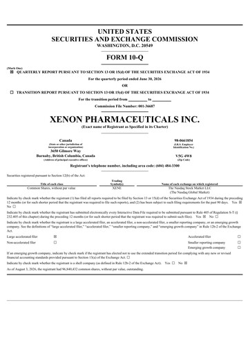 Thumbnail Xenon Pharmaceuticals Quarterly Report 2026-q2