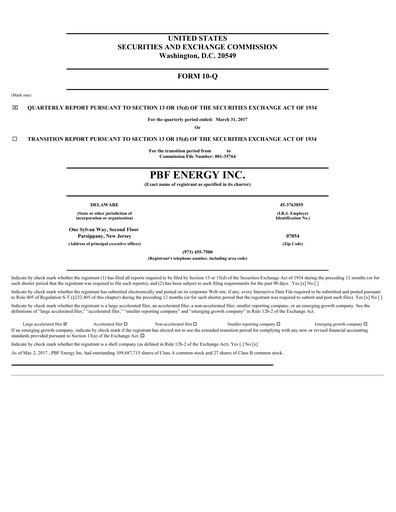 Miniature PBF Energy
 Rapport trimestriel 2017-q1