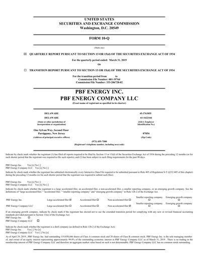 Miniature PBF Energy
 Rapport trimestriel 2019-q1