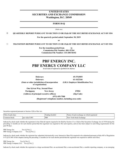 Miniature PBF Energy
 Rapport trimestriel 2019-q3
