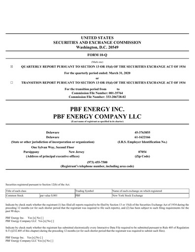 Miniature PBF Energy
 Rapport trimestriel 2020-q1
