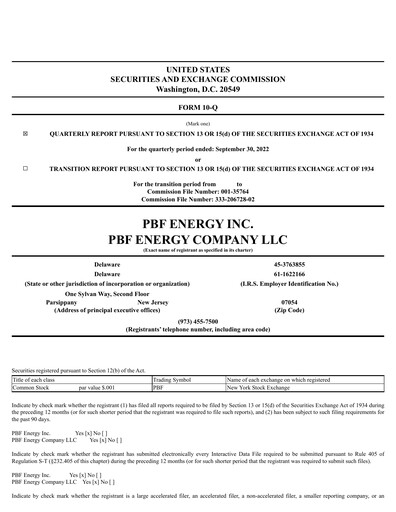 Miniature PBF Energy
 Rapport trimestriel 2022-q3