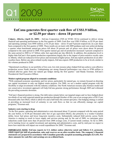 Miniature Ovintiv Rapport trimestriel 2009-q1
