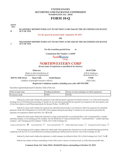 Thumbnail NorthWestern Energy
 Quarterly Report 2019-q3