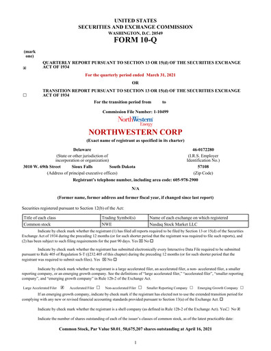 Thumbnail NorthWestern Energy
 Quarterly Report 2021-q1