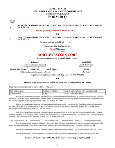 Thumbnail NorthWestern Energy
 Quarterly Report 2022-q1