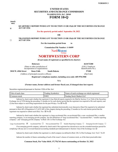 Thumbnail NorthWestern Energy
 Quarterly Report 2022-q3