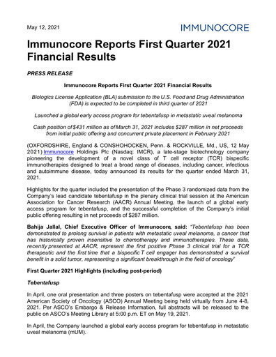 Thumbnail Immunocore Quarterly Report 2021-q1
