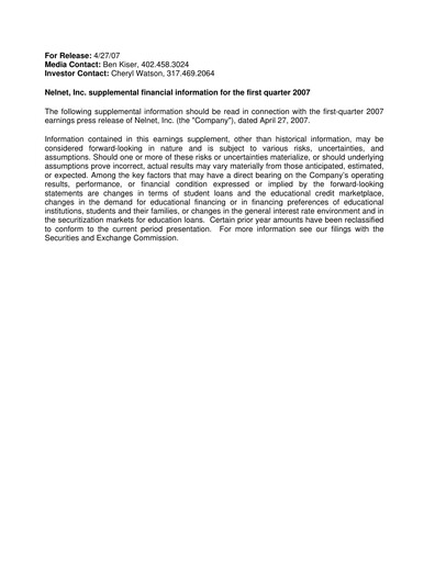 Thumbnail Nelnet Quarterly Report 2007-q1