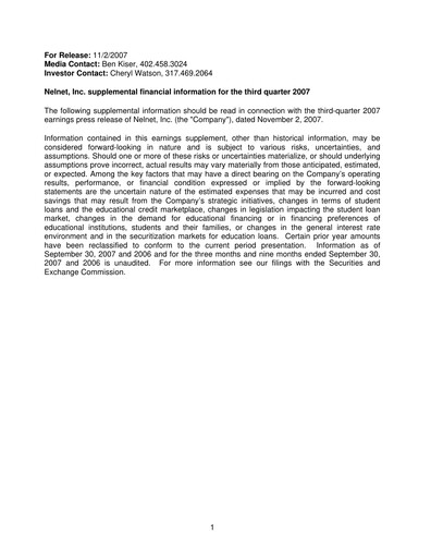 Thumbnail Nelnet Quarterly Report 2007-q3