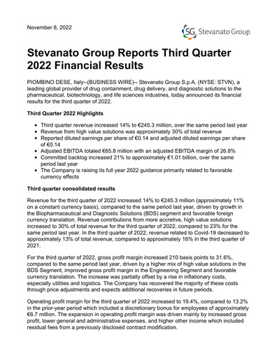 Thumbnail Stevanato Group Quarterly Report 2022-q3
