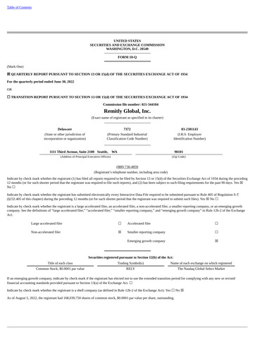 Miniature Remitly Rapport trimestriel 2022-q2