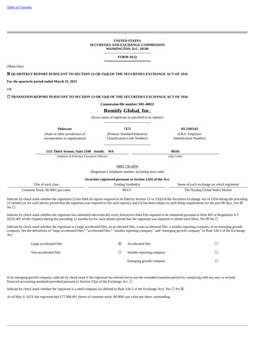 Miniature Remitly Rapport trimestriel 2023-q1