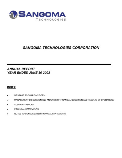Thumbnail Sangoma Technologies Annual Report fy2003
