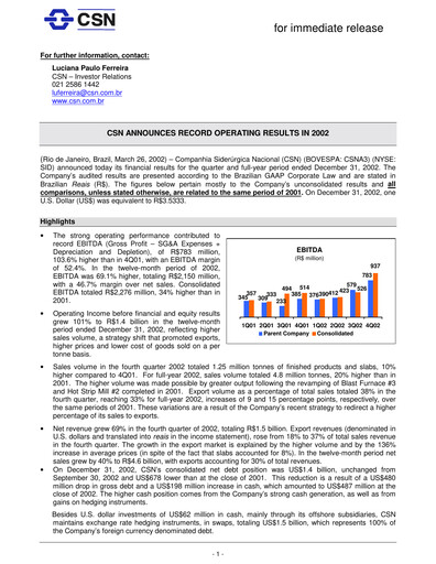 Thumbnail Companhia Siderúrgica Nacional
 Financial Report 2002