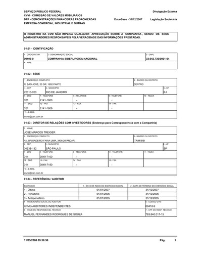 Miniature Companhia Siderúrgica Nacional
 Bilan financier 2007