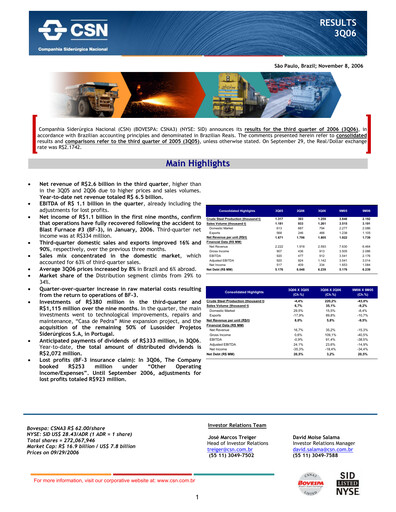 Thumbnail Companhia Siderúrgica Nacional
 Quarterly Report 2006-q3