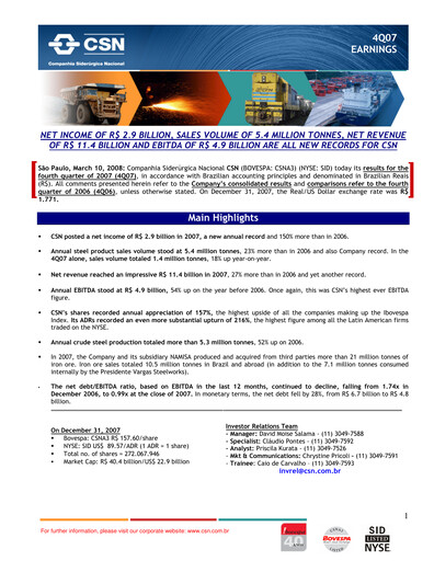 Thumbnail Companhia Siderúrgica Nacional
 Quarterly Report 2007-q4