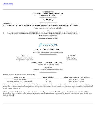 Thumbnail Blue Owl Capital Quarterly Report 2022-q1
