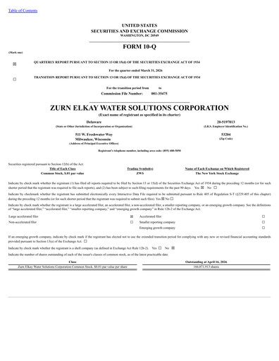 Thumbnail Zurn Elkay Water Solutions Quarterly Report 2026-q1