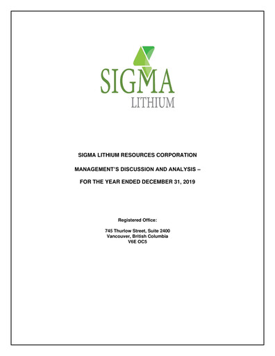Miniature Sigma Lithium Rapport financier 2019