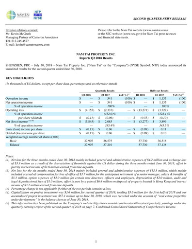 Miniature Nam Tai Property Rapport trimestriel 2018-q2