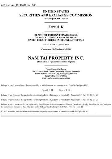 Miniature Nam Tai Property Rapport trimestriel 2019-q3