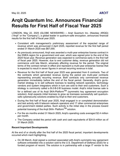 Miniature Arqit Quantum Rapport semestriel 2025-h1