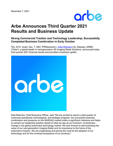 Thumbnail Arbe Robotics Quarterly Report 2021-q3
