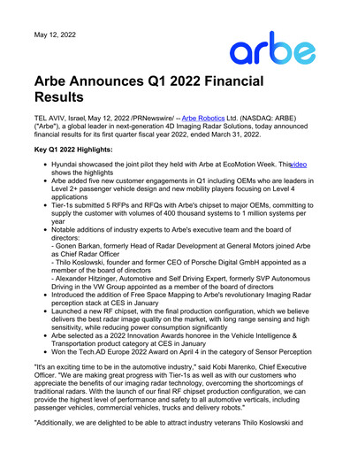 Thumbnail Arbe Robotics Quarterly Report 2022-q1