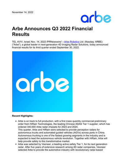 Thumbnail Arbe Robotics Quarterly Report 2022-q3
