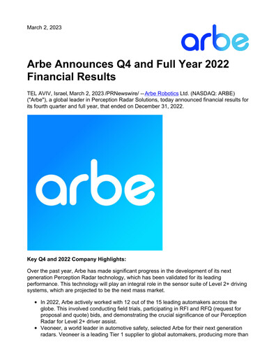 Thumbnail Arbe Robotics Quarterly Report 2022-q4