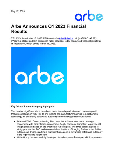 Thumbnail Arbe Robotics Quarterly Report 2023-q1