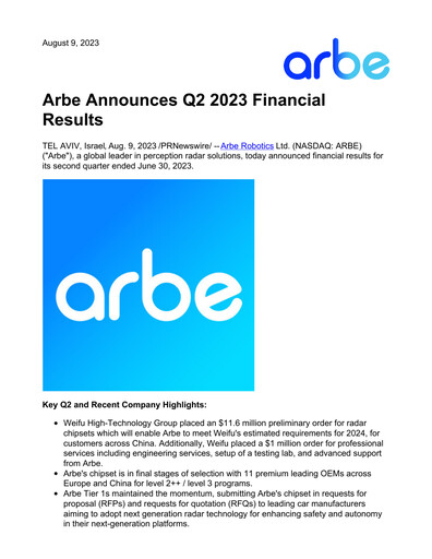 Thumbnail Arbe Robotics Quarterly Report 2023-q2