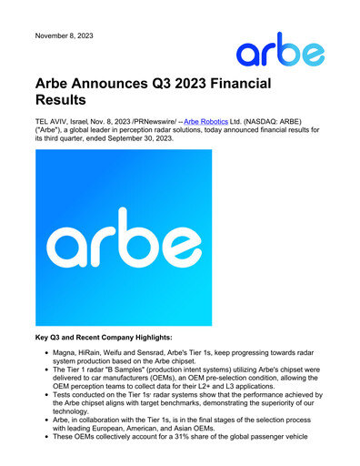 Thumbnail Arbe Robotics Quarterly Report 2023-q3