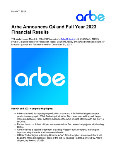 Thumbnail Arbe Robotics Quarterly Report 2023-q4