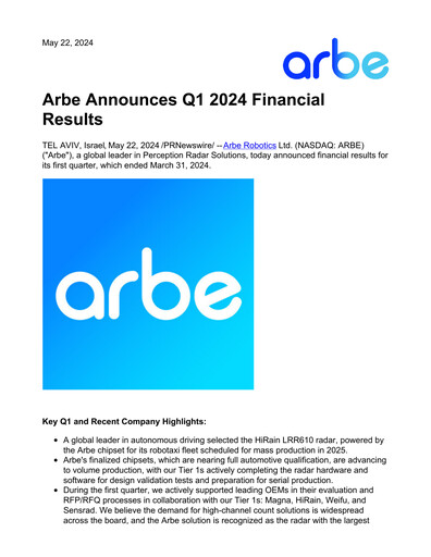 Thumbnail Arbe Robotics Quarterly Report 2024-q1