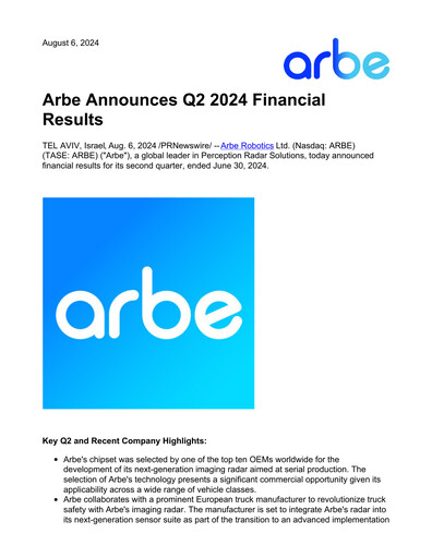 Thumbnail Arbe Robotics Quarterly Report 2024-q2