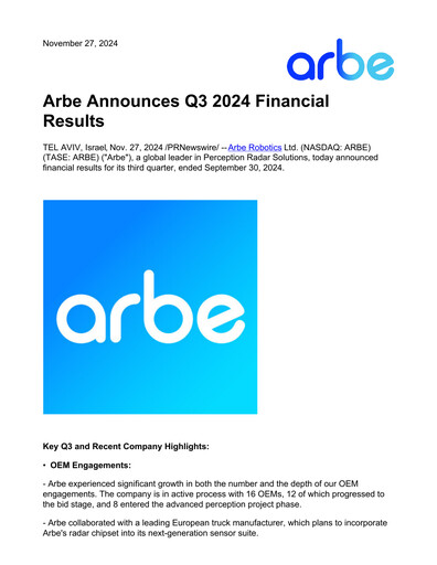 Thumbnail Arbe Robotics Quarterly Report 2024-q3