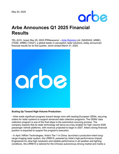 Thumbnail Arbe Robotics Quarterly Report 2025-q1