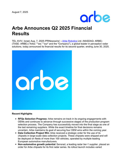 Thumbnail Arbe Robotics Quarterly Report 2025-q2