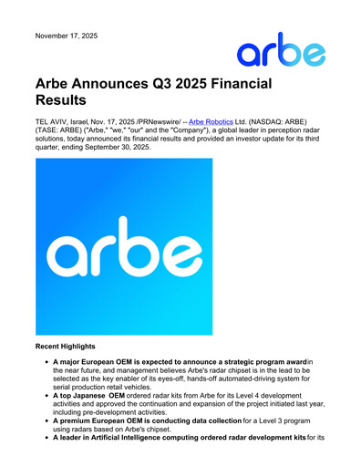 Thumbnail Arbe Robotics Quarterly Report 2025-q3