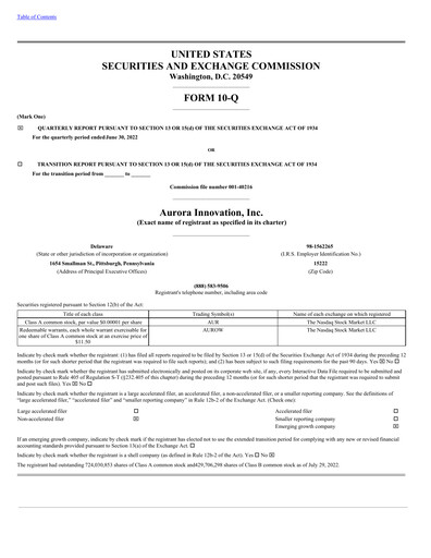 Thumbnail Aurora Innovation Quarterly Report 2022-q2