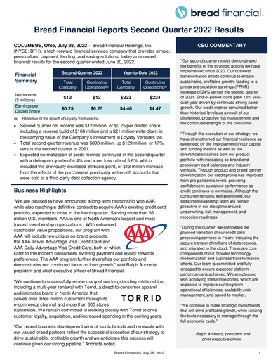 Miniature Bread Financial Rapport trimestriel 2022-q2