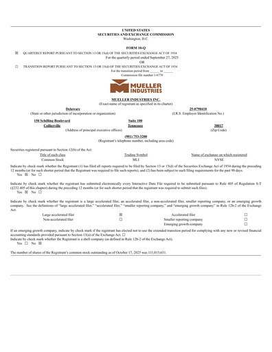 Thumbnail Mueller Industries
 Quarterly Report 2025-q3