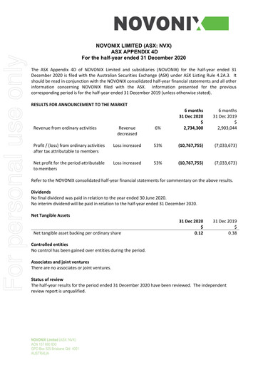 Miniature NOVONIX Rapport semestriel 2020-h2