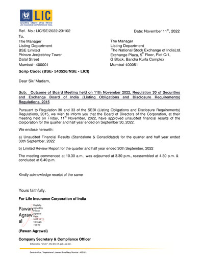 Thumbnail Life Insurance Corporation of India (LIC) Quarterly Report 2022-q2