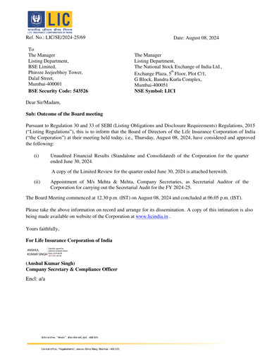 Thumbnail Life Insurance Corporation of India (LIC) Quarterly Report 2024-q1