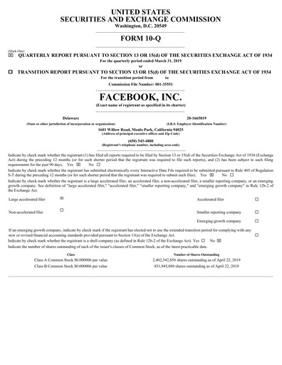 Thumbnail Meta Platforms (Facebook) Quarterly Report 2019-q1